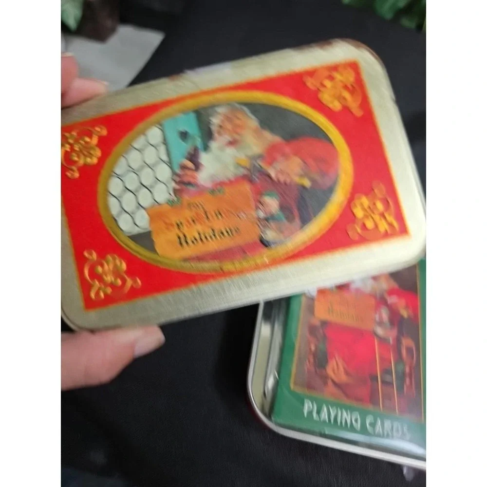Vtg Christmas 2 Playing Card Deck Bridge Set w Tin Case  Santa Claus